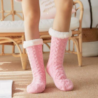 China 2021 QUICK DRY the latest popular solid color plus warm women women fleece sherpa thick non-slip adult socks slippers sleeping socks for sale