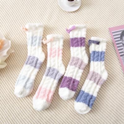 China QUICK DRY coral striped silicone slipper socks women fleece knot bow tube non-slip socks for sale