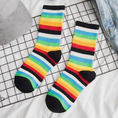 China European American wholesale cotton sports full winter autumn rainbow Sweat-absorbent style striped women socks for sale