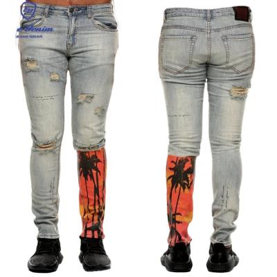 China Skinny QUICK DRY Denim Jean Moto and Biker Style Distress Destroy Wash Ripped Patchwork Custom Printed Mens Pants Jeans for sale