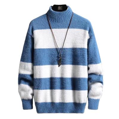 China Winter Sustainable Manufactured Custom Version Of Thick Striped Loose Push Up Sweater Men's Turtle Neck Cardigan for sale