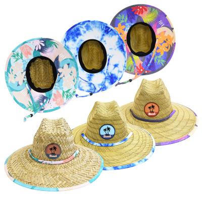 China Summer Natural Men's Hat Lifeguard Camouflage Character Wide Brim Outsider Grass Beach Sun Straw Hat With Logo Fabric Underside for sale