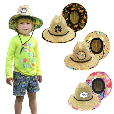 China Lifeguard wide beach character wholesa hand made hollow brim logo custom straw hat for kids summer baby kids children straw hats with logo for sale