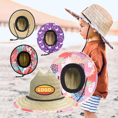 China Wholesale custom summer natural grass beach sombreros paja paja wide brim lifeguard character logo toddler baby children kids beach hats for sale