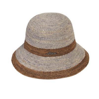 China 2020 Brand JAKIJAYI Wholesale Striped Wide Brim Straw Floppy Bucket Hat Personal Promotional Beach Lady Sun Hats For Sale for sale