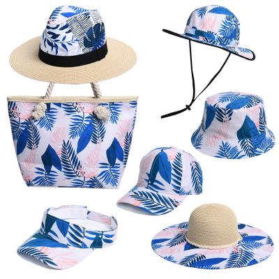 China Blue Leaves Fashion Party Accessory Bucket Sun Shade Sun Shade Beach Hat Straw Hat Bag Set Comfortable Personalized Lady Durable for sale