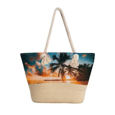 China JAKIJAYI Fashion Large Capacity Woman Beach Handbags Summer Cotton Rope Handle Casual Canvas Floral Printed Straw Tote Bag for sale