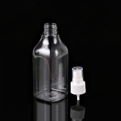 China Non Spill Square 250ml Flat Shoulder Spray Bottle PET Cosmetic Packaging Plastic Mist Sprayer Bottle In Cylinder Shape for sale