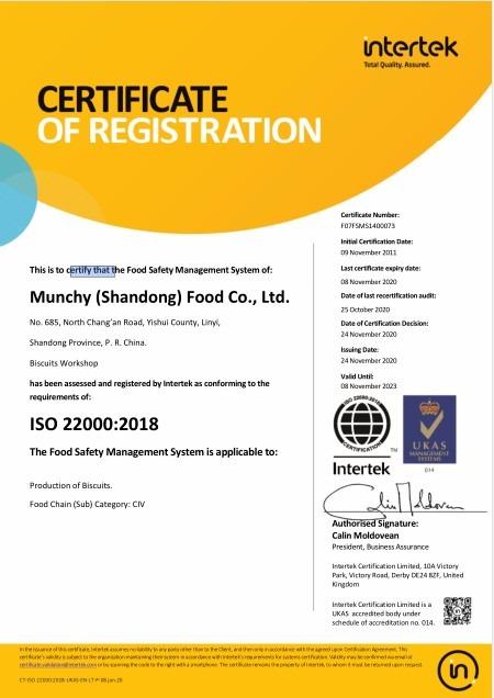 ISO22000 - Munchy (Shandong) Food Co., Ltd.