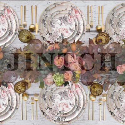 China JINTCH Ceramic Wedding Pattern Bone China Dinner Side Dish Event Set Viable Wholesale Pink Dinnerware Set Ceramic Dinnerware Set for sale