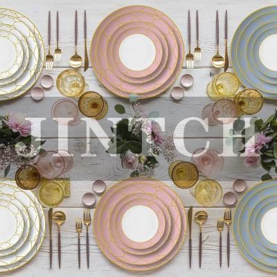 China Sustainable Wholesale Luxury Wedding Decoration Gold Serving Charger Tray Dishes Ceramic Bone China Dinner Dishes for sale