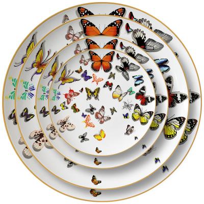 China Viable Wholesale Butterfly Design Ceramic Bread Starter Dining Dishes Set Fine Bone China Butter Cheesecake Dishes With Gold Rim for sale