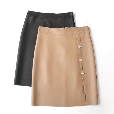 China Women's Clothing Faldas de Mujer Breathable Genuine Leather Show Slim All Match Female High Waist Sheepskin Black Wrap Skirt / Khaki Midi Skirt for sale