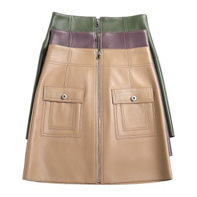 China Ladies Women Mini Saias Skirt Women Sheepskin Khaki /Green Slim Breathable Genuine Leather Hip Wrap Hip Line Shorts Going To for sale