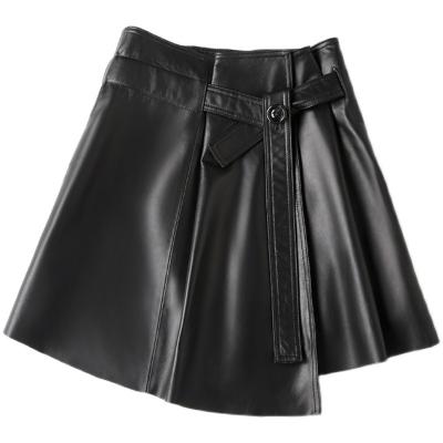 China Saias Genuine Leather Slim Sexy Shorts Mini Jupe Femme Sheepskin Show Skirt One Line Umbrella Mujer Falda Negra Star Style Breathable Women for sale