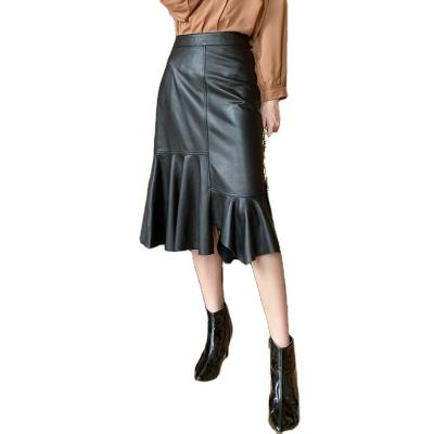 China Genuine Leather Pleated Asymmetry Pocket Jupe MI Longue Umbrella Skirt Fashion Mujer Sheepskin Breathable Women Skirt Roupa Femina for sale