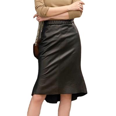 China Breathable Women Black Genuine Leather Mermaid Trims Korean Fashion Female Sheepskin Elastic Waist Zipper Sheath Dress Mujer Midi Fladas for sale