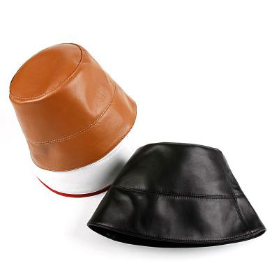 China Dobby Fashion Accessories Niche Designer Retro Genuine Leather Women's Bucket Hat Lady Candy Color Street Japanese Basin Hat for sale