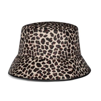 China Sun Hat Fashion Korean Ladies High End Leopard Print Genuine Leather Bucket Hat For Women for sale