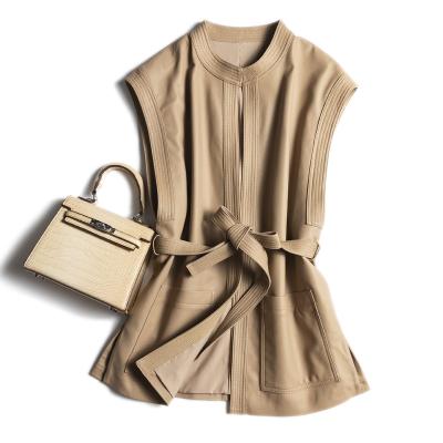 China Breathable female korean fashion genuine leather vest with single belt big pocket around the neck beige/black Waistcoat for sale