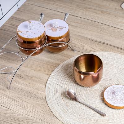 China Viable Gifts 3pcs Rose Gold Kitchen Seasoning Bottle Set With Lid Spoon Household Spice Jar Stainless Steel for sale