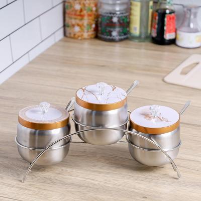 China 2022 Sustainable 3pcs 340 Stainless Steel Kitchen Seasoning Bottle Set With Spoon And Shelf Household Spice Jar for sale