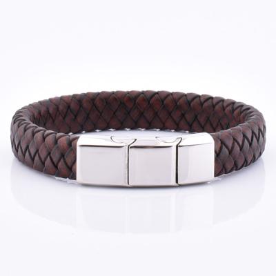 China Hiphop Ruigang Stainless Steel Fashion Woven Vintage Brown Leather Adjustable Braided Bracelet for sale