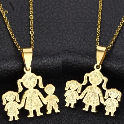 China Hyperbole Ruigang Simple Design Engraving Mom Daughter Son Gold Tone Cute Boys Girls Mother Family Stainless Steel Pendant Necklace for sale