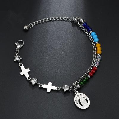 China Hot Selling Acrylic Stainless Steel Layer Bracelet Crystal Beaded Mary Tags Double Asymmetry 5a Beads Colorful Cross for sale