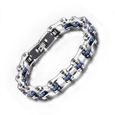 China Wholesale Fashionable Customized Rhinestone High Grade Stainless Steel Silver Blue Motorcycle Bike Chain Bracelet For Women for sale