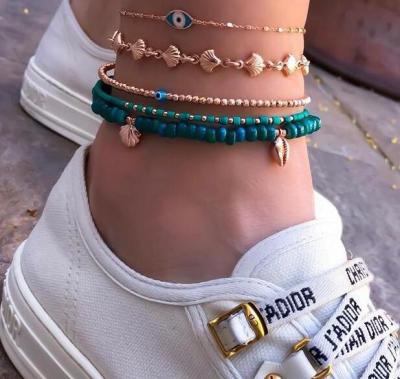 China BOHO Ocean Jewelry Gemstone Flamingo Charm Seed Bead Evil Eyes Ankle Chain Lead Free Nickel Free Blue Bracelet For Women Holiday for sale