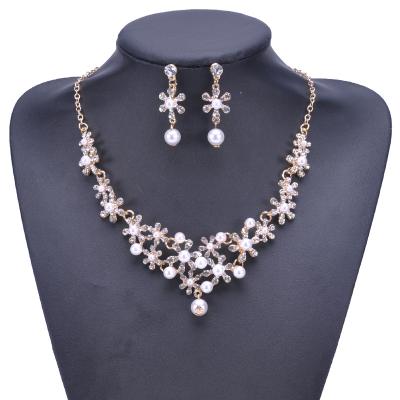 China Ruigang Ethnic Silver Gold Pave Zircon CZ Inlay Pearl Chain Necklace Earring Wedding Party Jewelry Set for sale