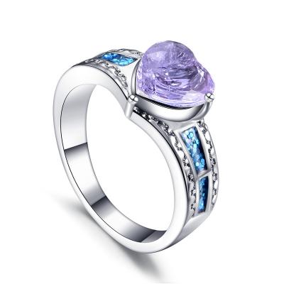 China Ruigang Nickel Free Rhodium Plated Heart Shaped Zircon Purple CZ Halo Engagement Wedding Ring for sale