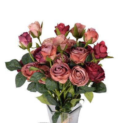 China Hot Selling Retro Rose 3 Heads Artificial Silk Roses Durable European Flower Delicate Dry Flower Bouquet for sale