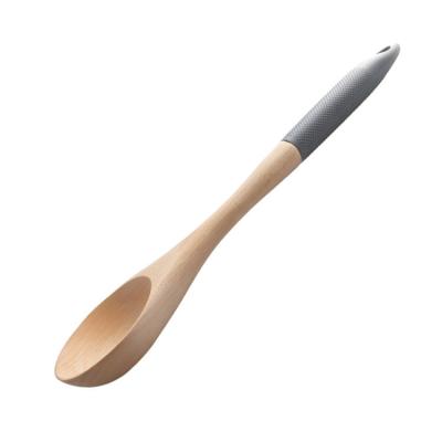 China Long Lasting Durable Hot Selling Beech Wood Salad Servers Spoon With Soft Silicone Handle for sale