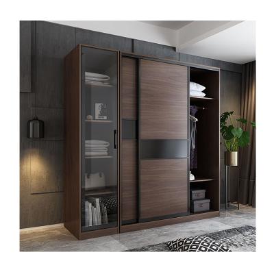 China Environmental Material/Customized Nordic Single Wardrobe Walnut Color Sliding Door Bedroom Partition Storage Wardrobe for sale