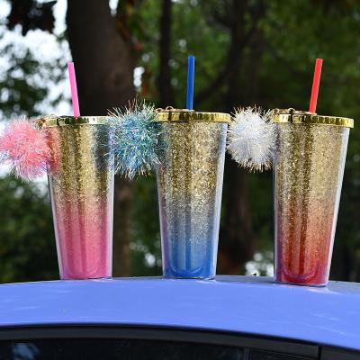 China Fashion boutique hot selling minimalist color rainbow progressive double layered thickened plastic cups with lids and straws for sale