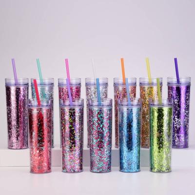 China European and American popular boutique transparent sequins fashion minimalist double layer thickened and fall resistant plastic cups for sale