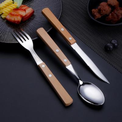 China High Quality Wooden Handle Stainless Steel Knife and Fork Viable Hot-selling Three-Piece Tableware Set Portable Fork and Spoon Set for sale