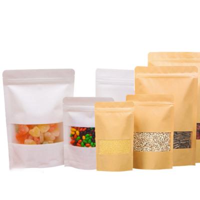 China Recycled Materials Three Side Seal Brown Paper Zipper Pouches Packaging Bags Re-sealable Flat Food Heat Seal Storage Packaging Bags With Clear Window for sale