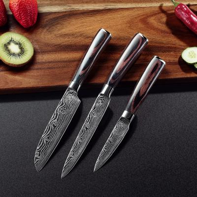 China 3Pcs Fruit Vegetable Viable High Carbon Steel Nakiri Knife Peeling Santoku Knife Damascus Pattern Kitchen Knife Serving Sets for sale