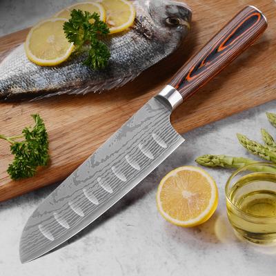 China Sustainable Classic High Quality 7 Inch Kitchen Santoku Knife With ABS Wood Handle Pakka Wire PP Vg10 Damascus Steel Group Of Ten OEM Custom Retro for sale