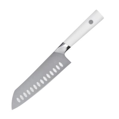 China Viable New Design Santoku German High Carbon Steel Knife With Dimples And White Color Resin Handle for sale