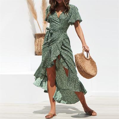 China Summer Beach Maxi Dress Women Floral Print Boho Long Dress Breathable Ruffles Wrap Split Sexy Maxi Dress Female Casual V-Neck Dress Dress for sale