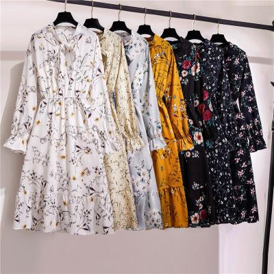 China Breathable Vintage Chiffon Dress Summer Floral Printing Women Long Sleeved Retro Dress Collar Casual Slim Dresses for sale