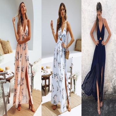 China Summer Women's Floral Dress Sleeveless Backless Summer Boho Maxi Long Dress Evening Party Beach Sundress Breathable Dresses for sale