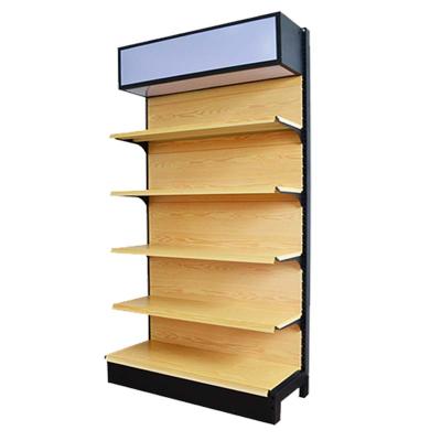 China Single Sided Wooden Supermarket Gondola Shelf Heavy Duty Cold Rolled Steel Grain Goods Display for sale