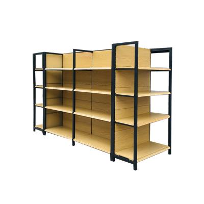 China High Quality Double Sided Gondola Supermarket Shelf With End Shelf Heavy Duty Cold Rolled Steel Grain Wood Display for sale