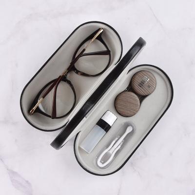 China Daul Fashion Glass Leather Folding Case-Use Imitation Wood Grain Contact Lenses Beauty Dual-Use Student Optical Case for sale