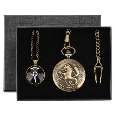 China Cosplay Edward Elric Design Japan Anime Chain Antique Clock Fullmetal Alchemist High Grade Tone Gift Sets Retro Pocket Watch for sale